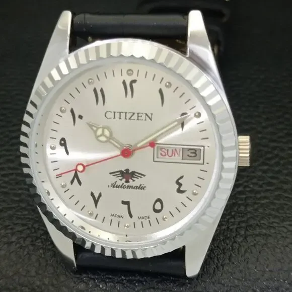 Vintage 1970 Citizen Automatic Mens Silver Watch W/daydate & Arabic accents